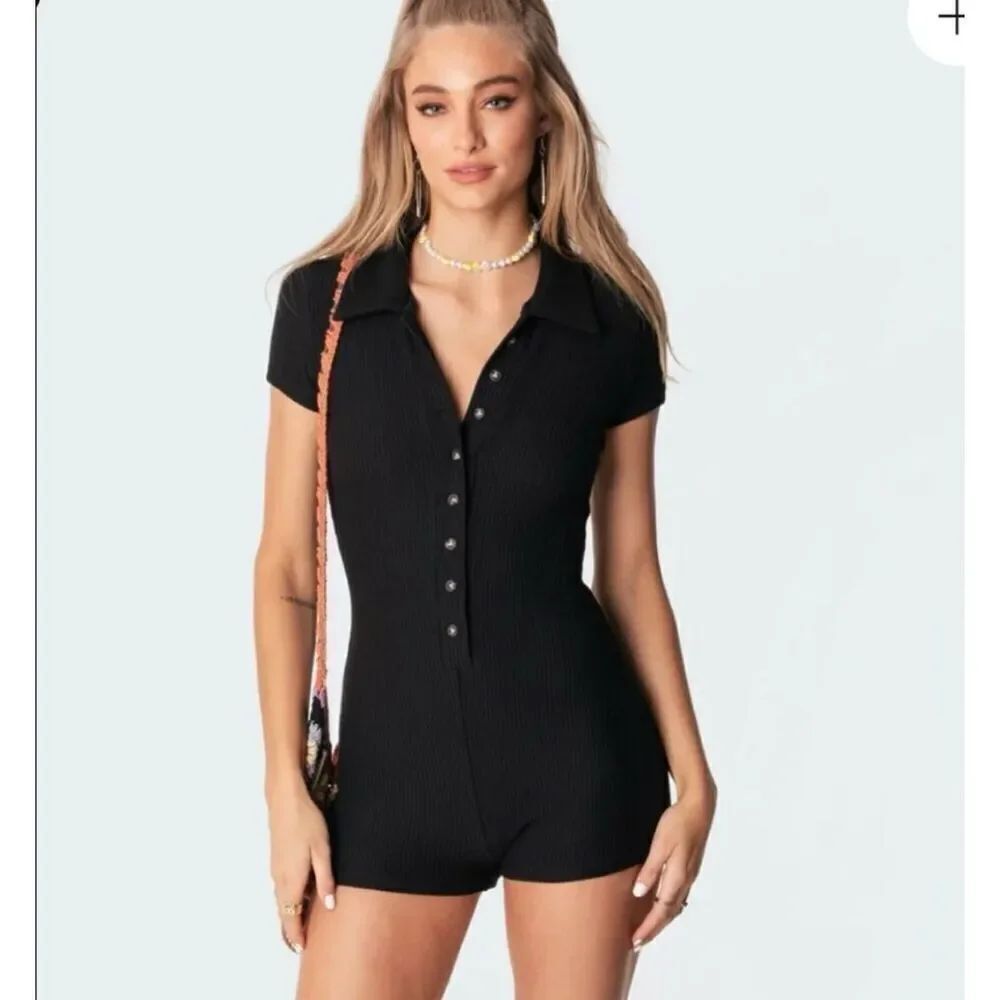 Edikted Lucia Ribbed Knit Romper One Piece Black Button Front Fitted Size XS